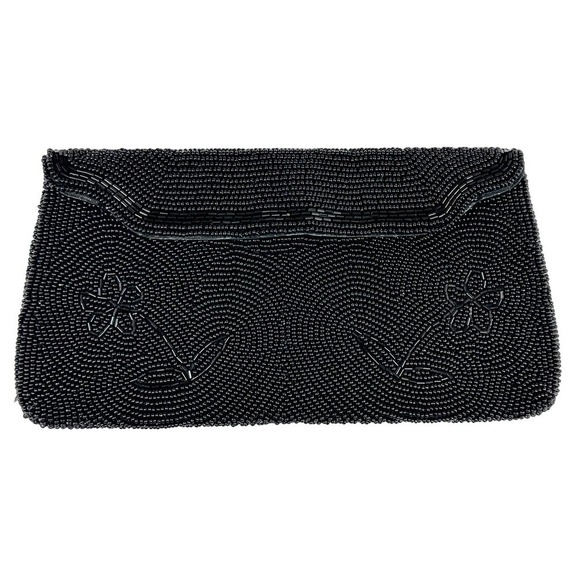 VTG Black Fully Beaded Clutch Bag 1950s Floral Design - Picture 1 of 6
